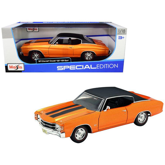 1971 Chevrolet Chevelle SS 454 Sport Orange Metallic with Black Top and Black Stripes 1/18 Diecast Model Car by Maisto