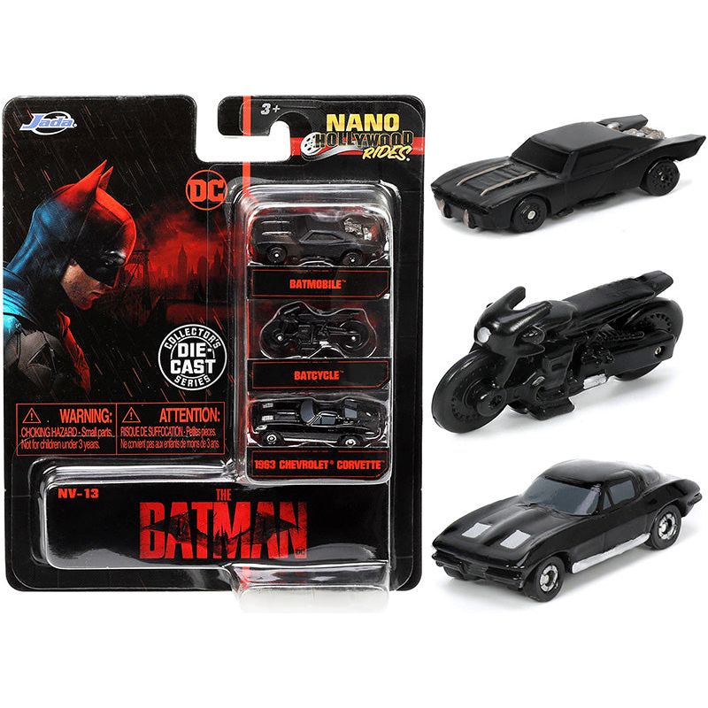 "The Batman" (2022) Movie 3 piece Set "DC Comics" "Nano Hollywood Rides" Series Diecast Model Cars by Jada