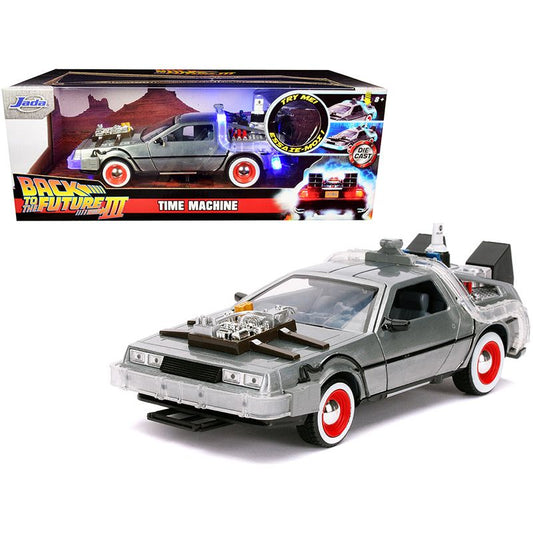 DeLorean Brushed Metal Time Machine with Lights "Back to the Future Part III" (1990) Movie "Hollywood Rides" Series 1/24 Diecast Model Car by Jada