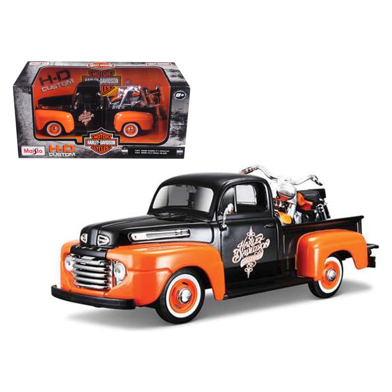 1948 Ford F-1 Pickup Truck with 1958 Harley Davidson FLH Duo Glide Motorcycle Orange and Black 1/24 Diecast Models by Maisto