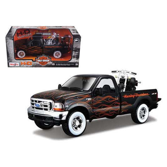 1999 Ford F-350 Super Duty Pickup Black with Flames 1/27 & 2002 Harley Davidson FLSTB Motorcycle Night Train 1/24 Diecast Models by Maisto