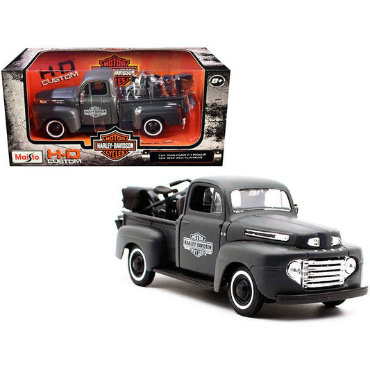 1948 Ford F-1 Pickup Truck and 1942 Harley-Davidson WLA Flathead Motorcycle Matt Dark Gray "Harley-Davidson Custom" 1/24 Diecast Models by Maisto