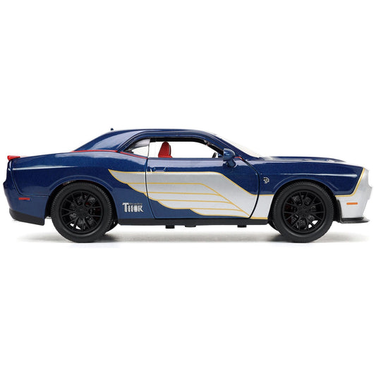 2015 Dodge Challenger SRT Hellcat Dark Blue with Graphics and Red Interior and Thor Diecast Figure "The Mighty Thor" "Marvel" Series 1/24 Diecast Model Car by Jada