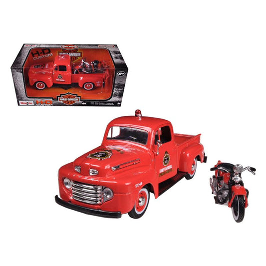 1948 Ford F-1 Pickup Truck "Harley Davidson" Fire Truck and 1936 El Knucklehead Motorcycle 1/24 Diecast Models by Maisto