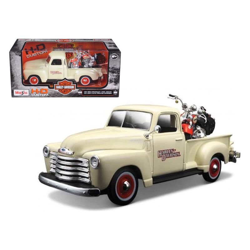 1950 Chevrolet 3100 Pickup Truck Cream 1/25 and 2001 FLSTS Heritage Springer Motorcycle Orange 1/24 "Harley-Davidson Custom" Series Diecast Models by Maisto