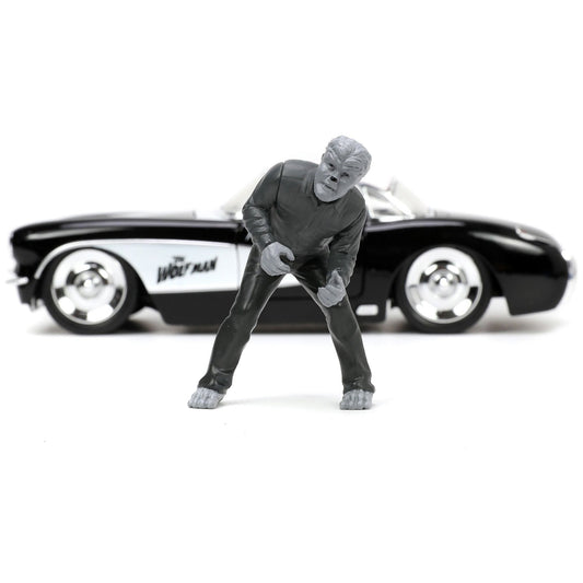 1957 Chevrolet Corvette Black with White Top and Wolfman Diecast Figure "Universal Monsters" "Hollywood Rides" Series 1/24 Diecast Model Car by Jada