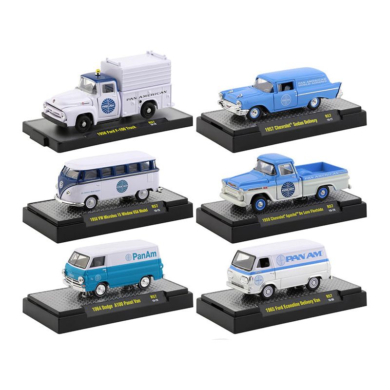 "Auto Trucks" Set of 6 pieces Release 57 "Pan American World Airways" (Pan Am) IN DISPLAY CASES 1/64 Diecast Model Cars by M2 Machines