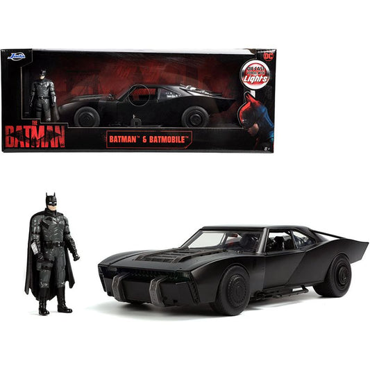 Batmobile Matt Black with Lights with Batman Diecast Figurine "The Batman" (2022) Movie "DC Comics" 1/18 Diecast Model Car by Jada