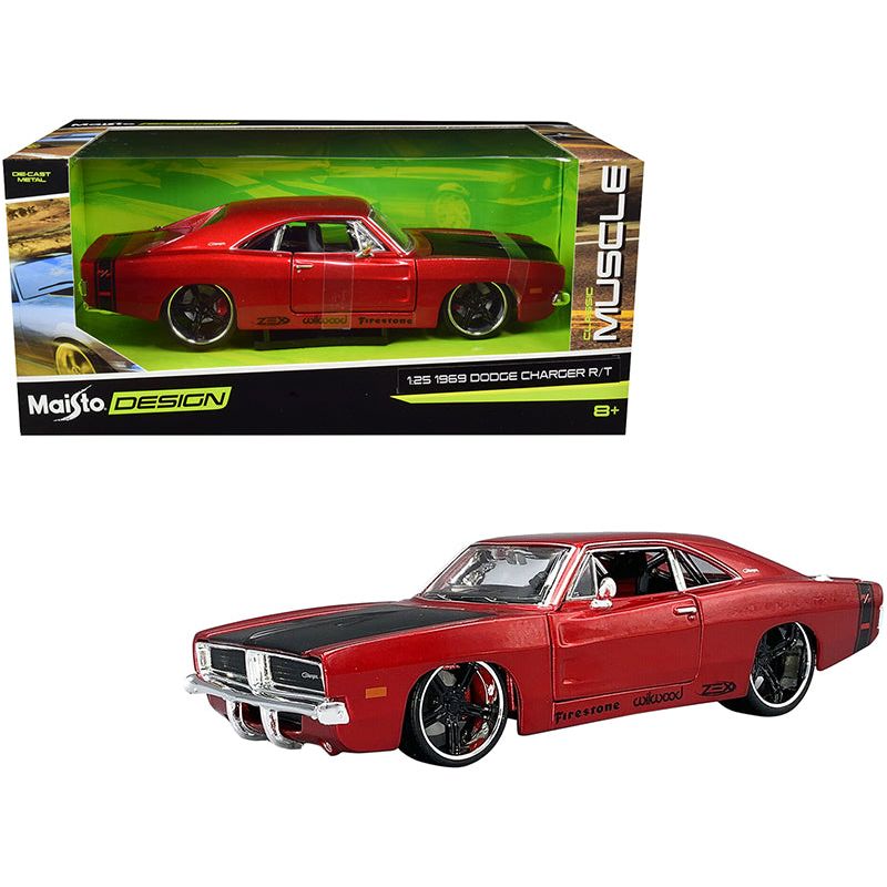 1969 Dodge Charger R/T Red Metallic with Black Hood and Black Stripes "Classic Muscle" 1/25 Diecast Model Car by Maisto