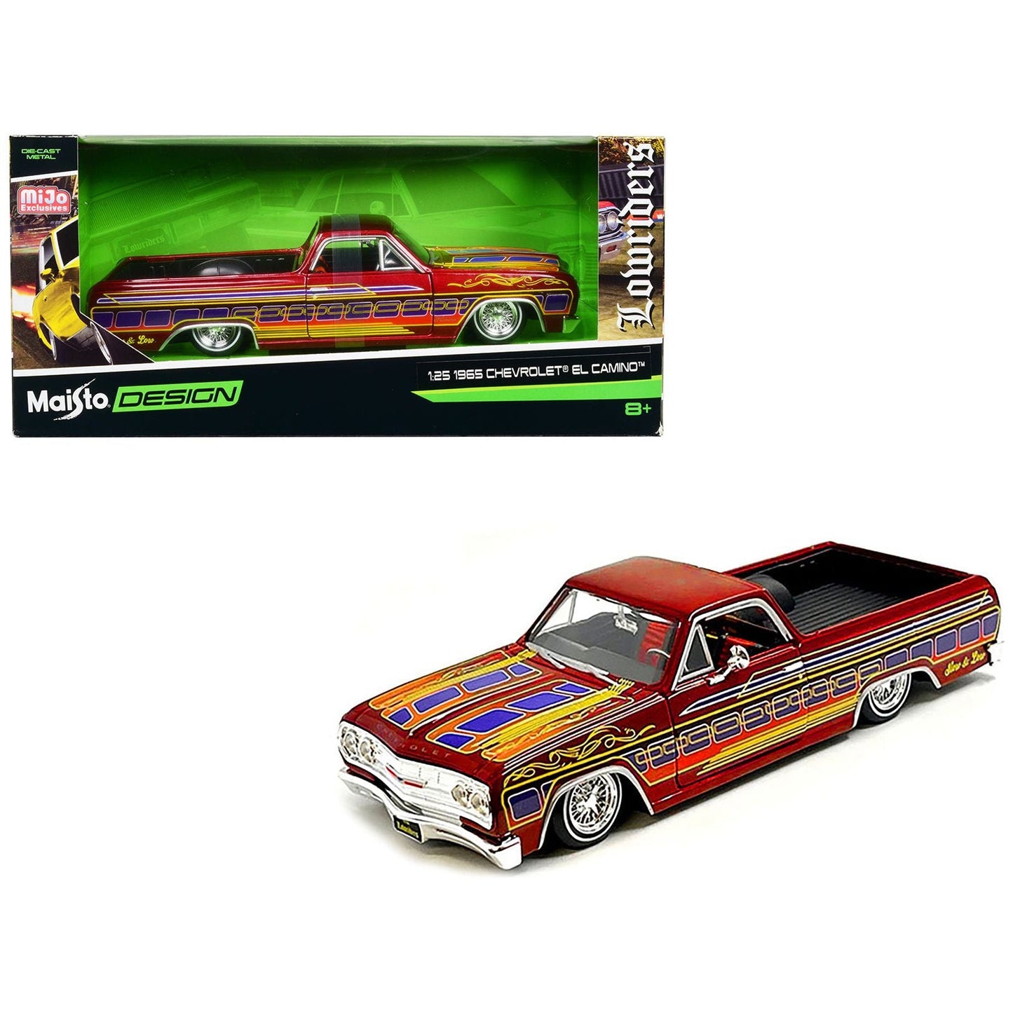 1965 Chevrolet El Camino Lowrider Candy Red Metallic with Graphics "Lowriders" Series 1/25 Diecast Model Car by Maisto