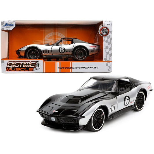 1969 Chevrolet Corvette Stingray ZL-1 #6 Black and Silver "Bigtime Muscle" Series 1/24 Diecast Model Car by Jada