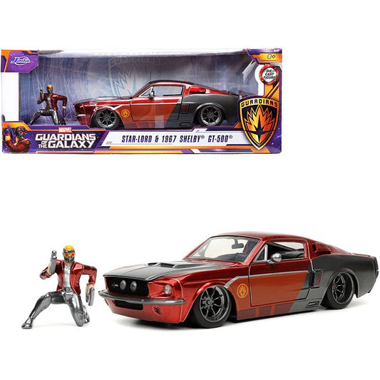 1967 Ford Mustang Shelby GT-500 Red Metallic and Gray Metallic with Star-Lord Diecast Figurine "Guardians of the Galaxy" "Marvel" Series 1/24 Diecast Model Car by Jada