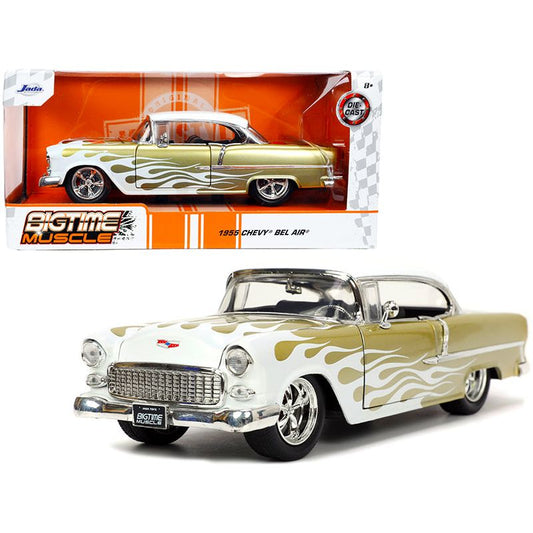 1955 Chevrolet Bel Air White and Gold with Flames "Bigtime Muscle" Series 1/24 Diecast Model Car by Jada