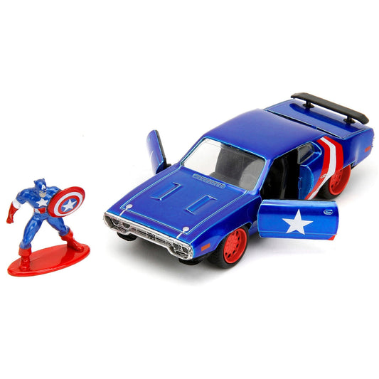 1972 Plymouth GTX Candy Blue with Red and White Stripes and Captain America Diecast Figure "The Avengers" "Hollywood Rides" Series 1/32 Diecast Model Car by Jada