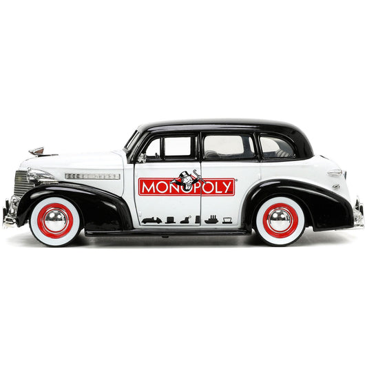 1939 Chevrolet Master Deluxe Black and White "Monopoly" and Mr. Monopoly Diecast Figure "Hollywood Rides" Series 1/24 Diecast Model Car by Jada