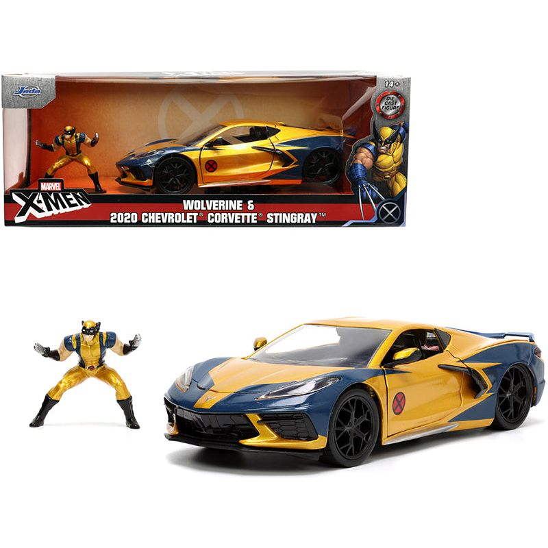 2020 Chevrolet Corvette C8 Stingray Gold Metallic and Dark Blue and Wolverine Diecast Figurine "X-Men" "Marvel" Series "Hollywood Rides" 1/24 Diecast Model Car by Jada