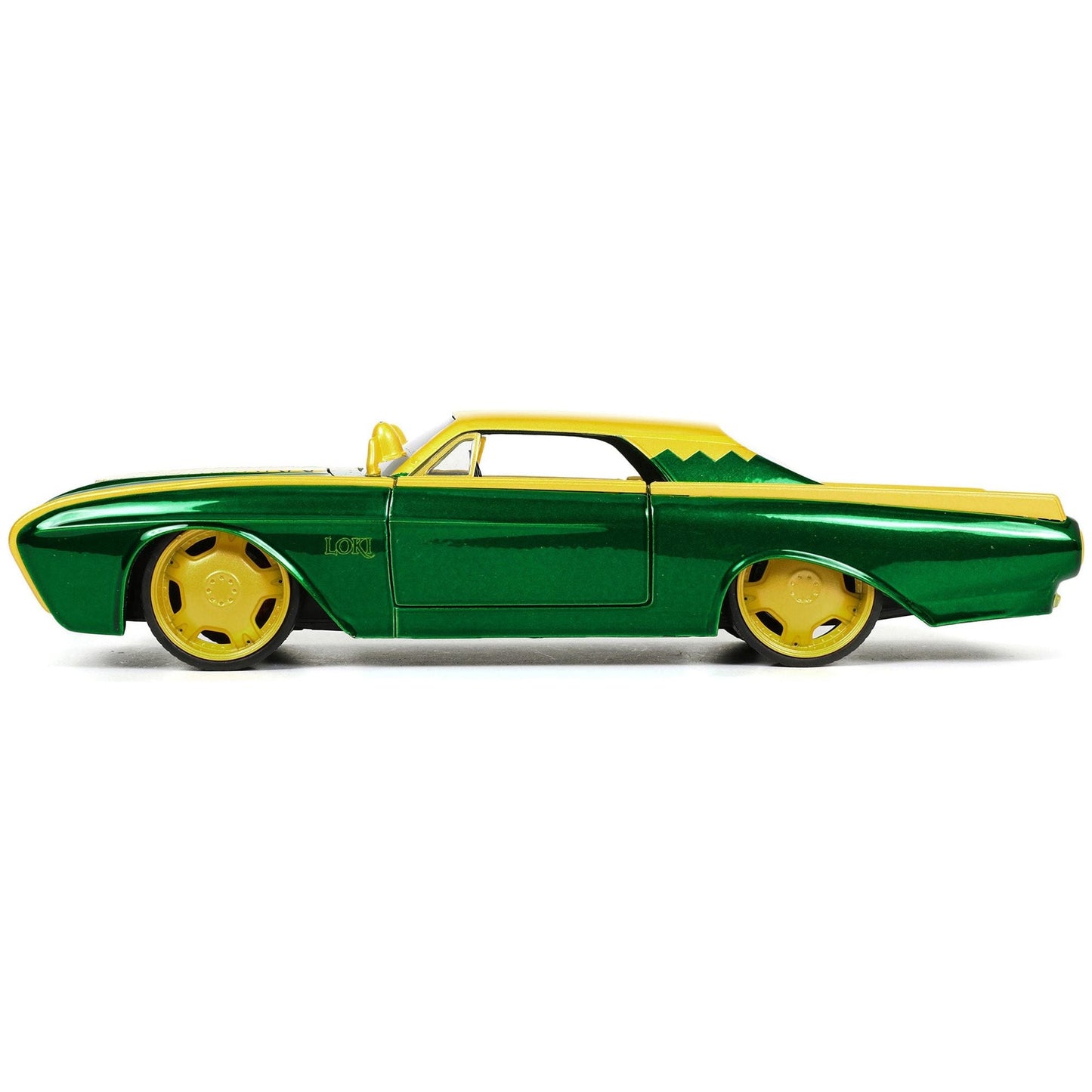 1963 Ford Thunderbird Green and Yellow Metallic with Hood Graphics and Loki Diecast Figure "Loki" "Marvel" Series 1/24 Diecast Model Car by Jada