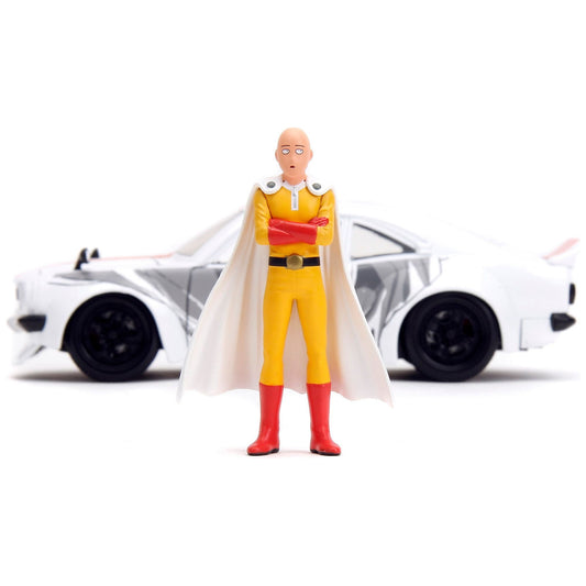 1974 Mazda RX-3 White with Red Stripe and Graphics and Saitama Diecast Figure "One Punch Man" (2015-2019) TV Series 1/24 Diecast Model Car by Jada