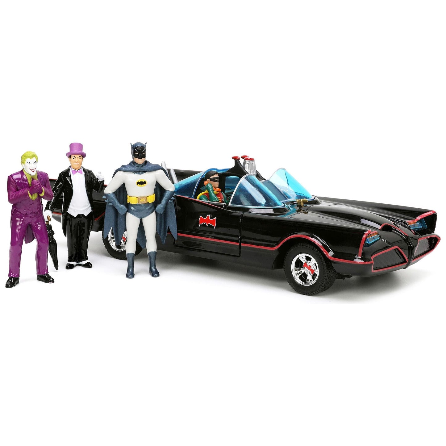 1966 Classic Batmobile with Diecast Batman The Joker The Penguin and Plastic Robin Sitting Inside The Car "Batman" TV Series (1966) "Hollywood Rides" Series 1/24 Diecast Model Car by Jada