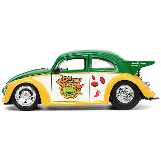 1959 Volkswagen Drag Beetle Green and Yellow and Michelangelo Diecast Figure "Teenage Mutant Ninja Turtles" "Hollywood Rides" Series 1/24 Diecast Model Car by Jada