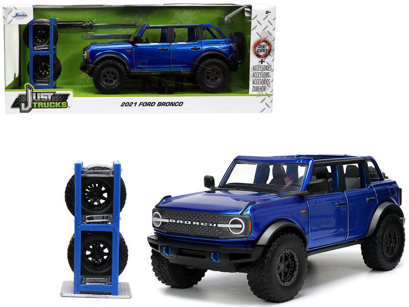 2021 Ford Bronco Open-Top Candy Blue Metallic with Extra Wheels "Just Trucks" Series 1/24 Diecast Model Car by Jada