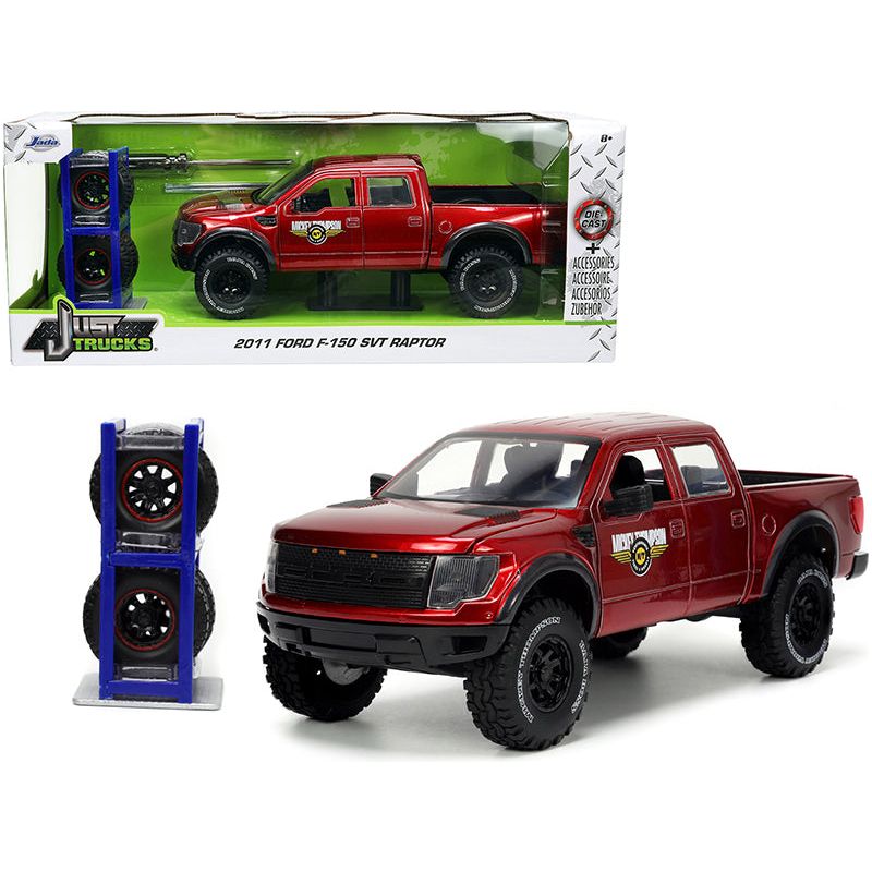 2011 Ford F-150 SVT Raptor Pickup Truck Candy Red Metallic "Mickey Thompson Tires & Wheels" with Extra Wheels "Just Trucks" Series 1/24 Diecast Model Car by Jada