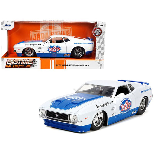 1973 Ford Mustang Mach 1 "MSP" White Metallic and Blue "Bigtime Muscle" Series 1/24 Diecast Model Car by Jada