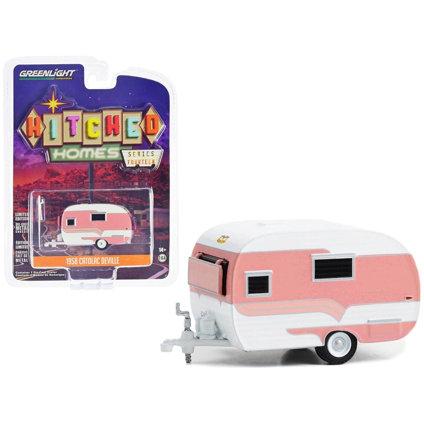 1958 Catolac DeVille Travel Trailer Pink and White "Hitched Homes" Series 14 1/64 Diecast Model by Greenlight