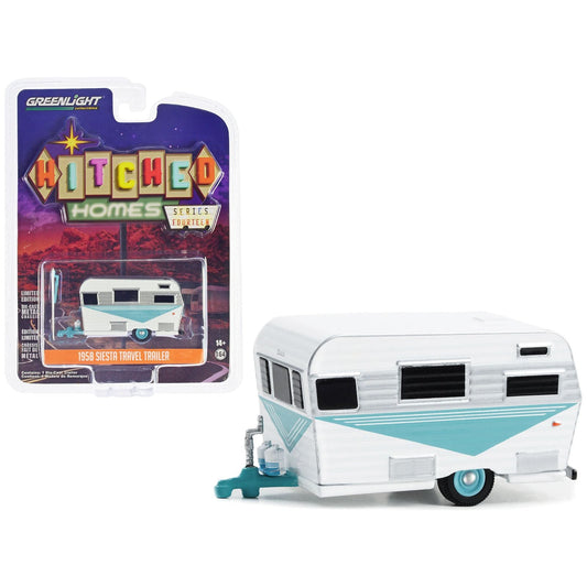 1958 Siesta Travel Trailer White and Teal with Polished Silver Stripes "Hitched Homes" Series 14 1/64 Diecast Model by Greenlight