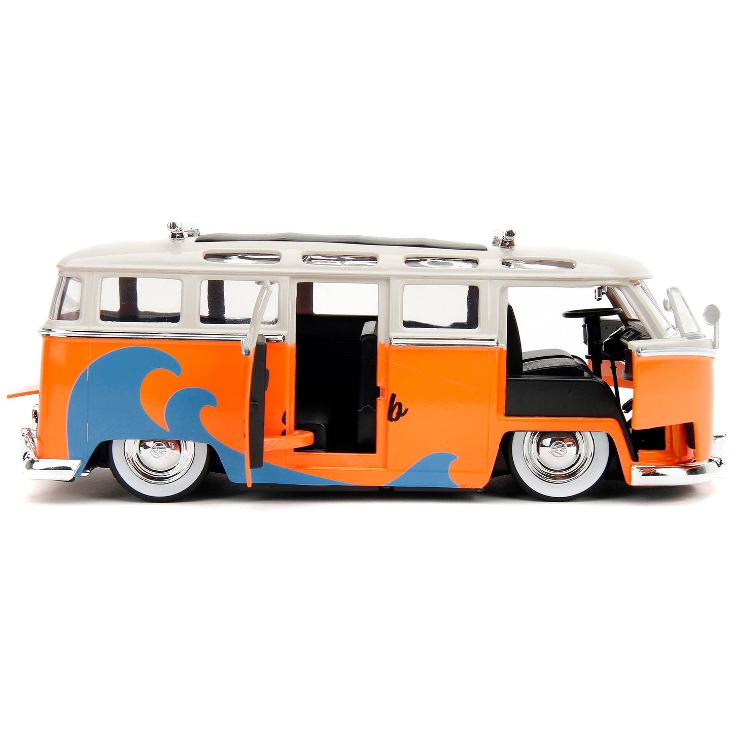 1962 Volkswagen Bus "Santa Monica Surf Club" Orange and White with Graphics with Roof Rack and Surfboard "Punch Buggy" Series 1/24 Diecast Model Car by Jada