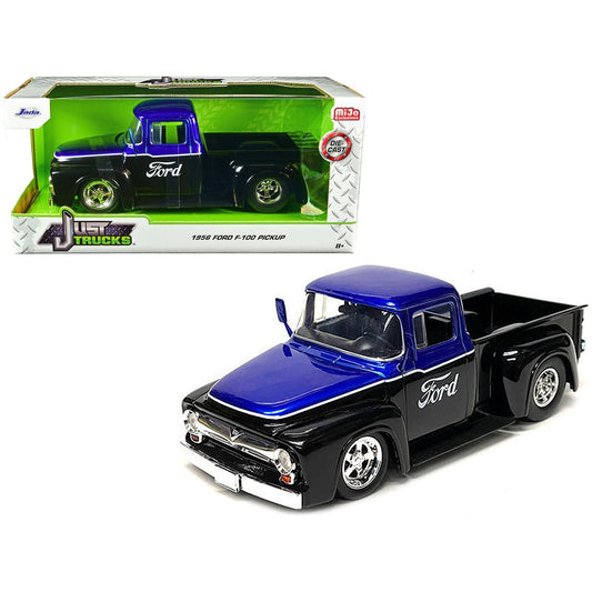 1956 Ford F-100 Pickup Truck Black and Blue Metallic with Ford Graphics "Just Trucks" Series 1/24 Diecast Model Car by Jada