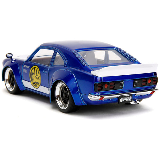 1974 Mazda RX-3 Candy Blue with White Interior and Graphics and Blue Ranger Diecast Figure "Power Rangers" "Hollywood Rides" Series 1/24 Diecast Model Car by Jada