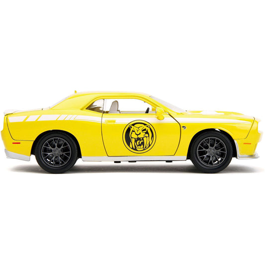 2015 Dodge Challenger SRT Hellcat Yellow with Graphics and Yellow Ranger Diecast Figure "Power Rangers" "Hollywood Rides" Series 1/24 Diecast Model Car by Jada