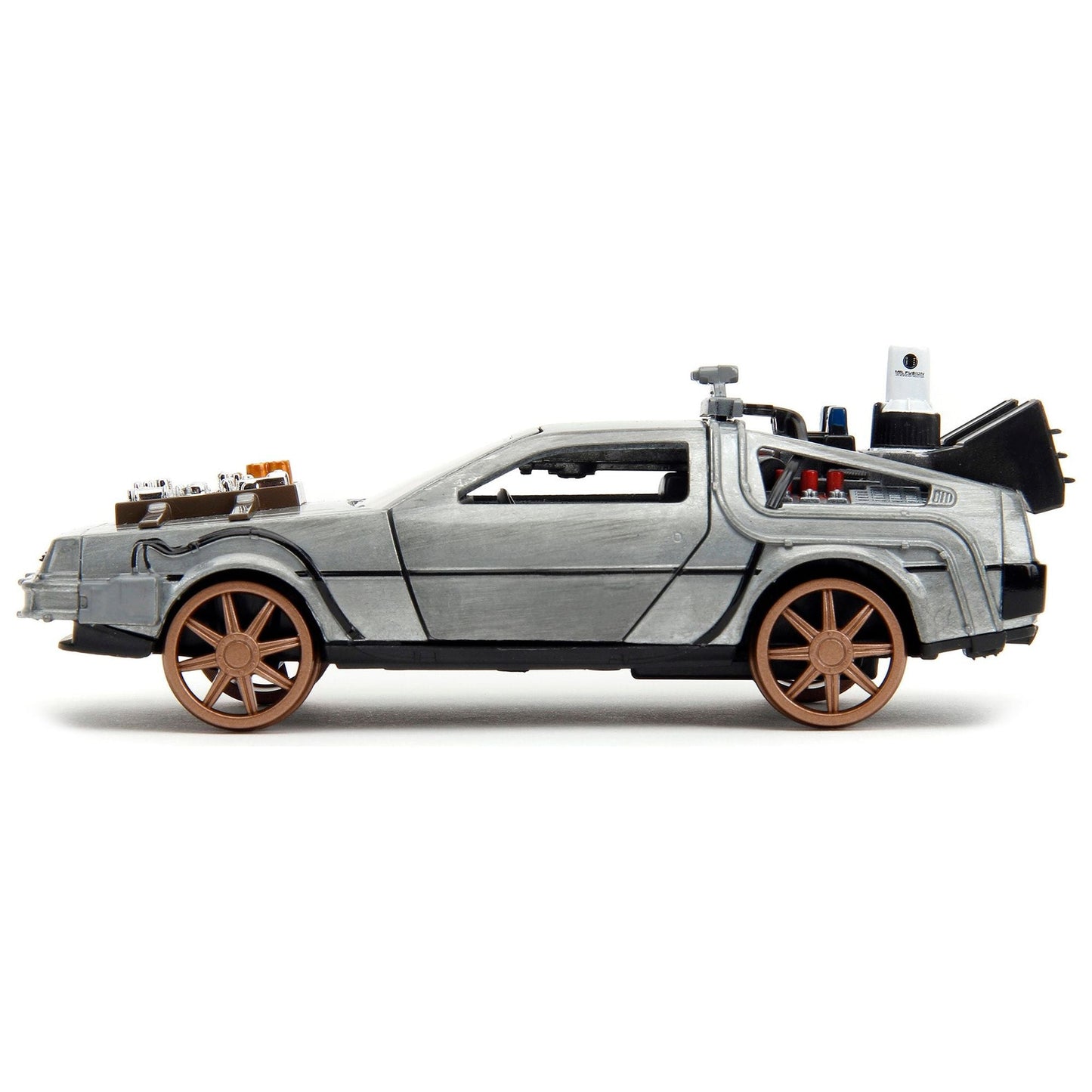 DeLorean DMC (Time Machine) Brushed Metal Train Wheel Version "Back to the Future Part III" (1990) Movie "Hollywood Rides" Series 1/32 Diecast Model Car by Jada