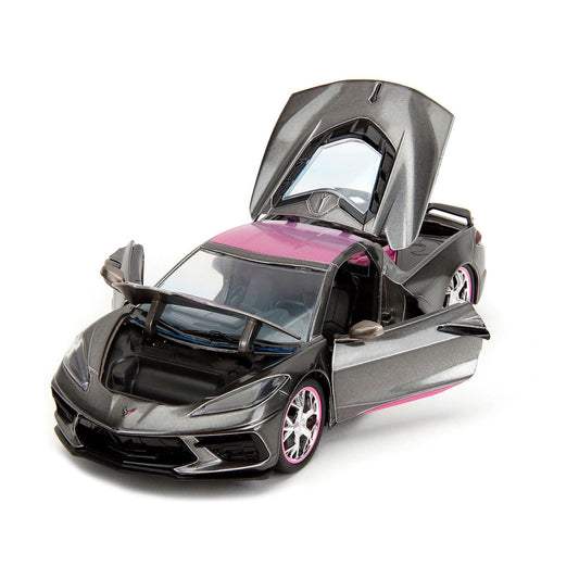 2020 Chevrolet Corvette Stingray Gray Metallic with Pink Carbon Hood and Top "Pink Slips" Series 1/24 Diecast Model Car by Jada