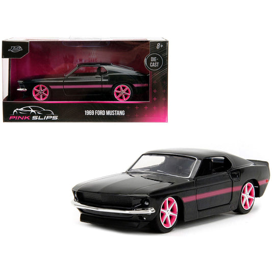 1969 Ford Mustang Black Metallic with Pink Stripes and Wheels "Pink Slips" Series 1/32 Diecast Model Car by Jada