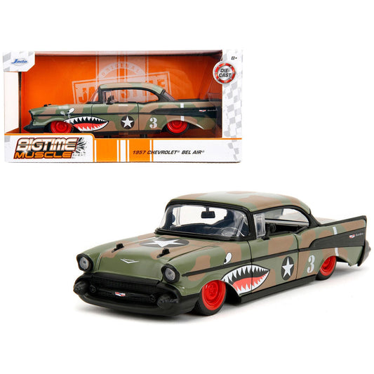 1957 Chevrolet Bel Air #3 Camouflage with Shark Mouth Graphics "Bigtime Muscle" Series 1/24 Diecast Model Car by Jada