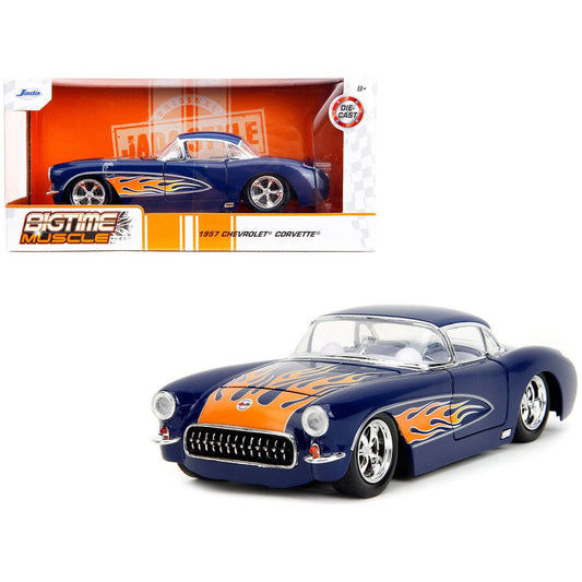 1957 Chevrolet Corvette Dark Blue with Flame Graphics and White Interior "Bigtime Muscle" Series 1/24 Diecast Model Car by Jada