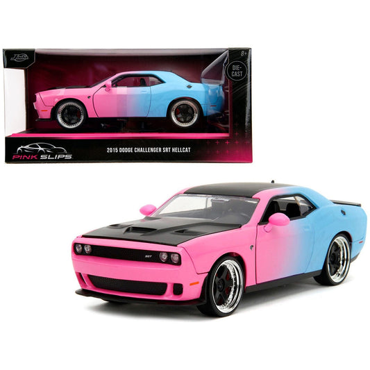 2015 Dodge Challenger SRT Hellcat Pink and Blue Gradient with Matt Black Hood and Top "Pink Slips" Series 1/24 Diecast Model Car by Jada