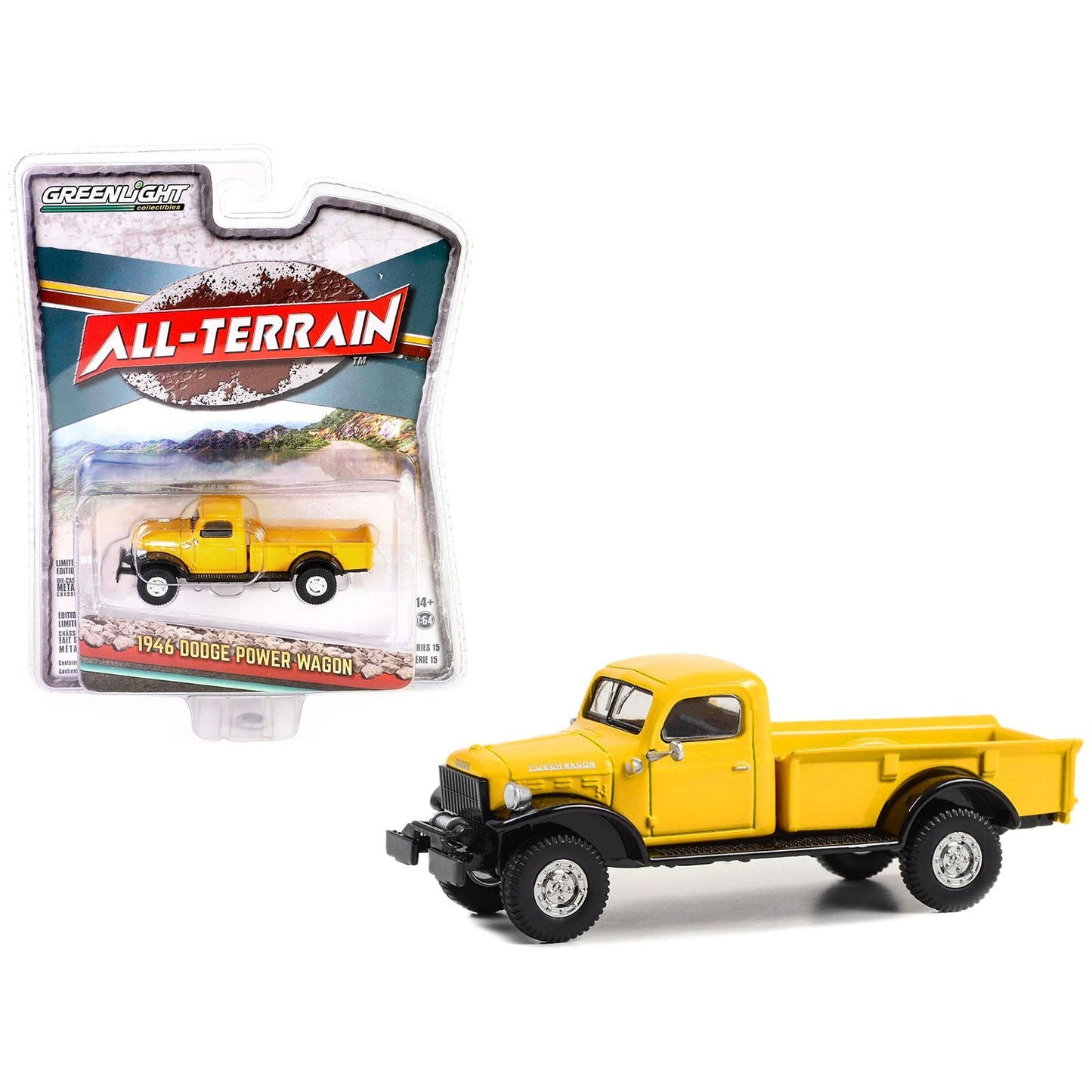 1946 Dodge Power Wagon Pickup Truck Construction Yellow and Black "All Terrain" Series 15 1/64 Diecast Model Car by Greenlight