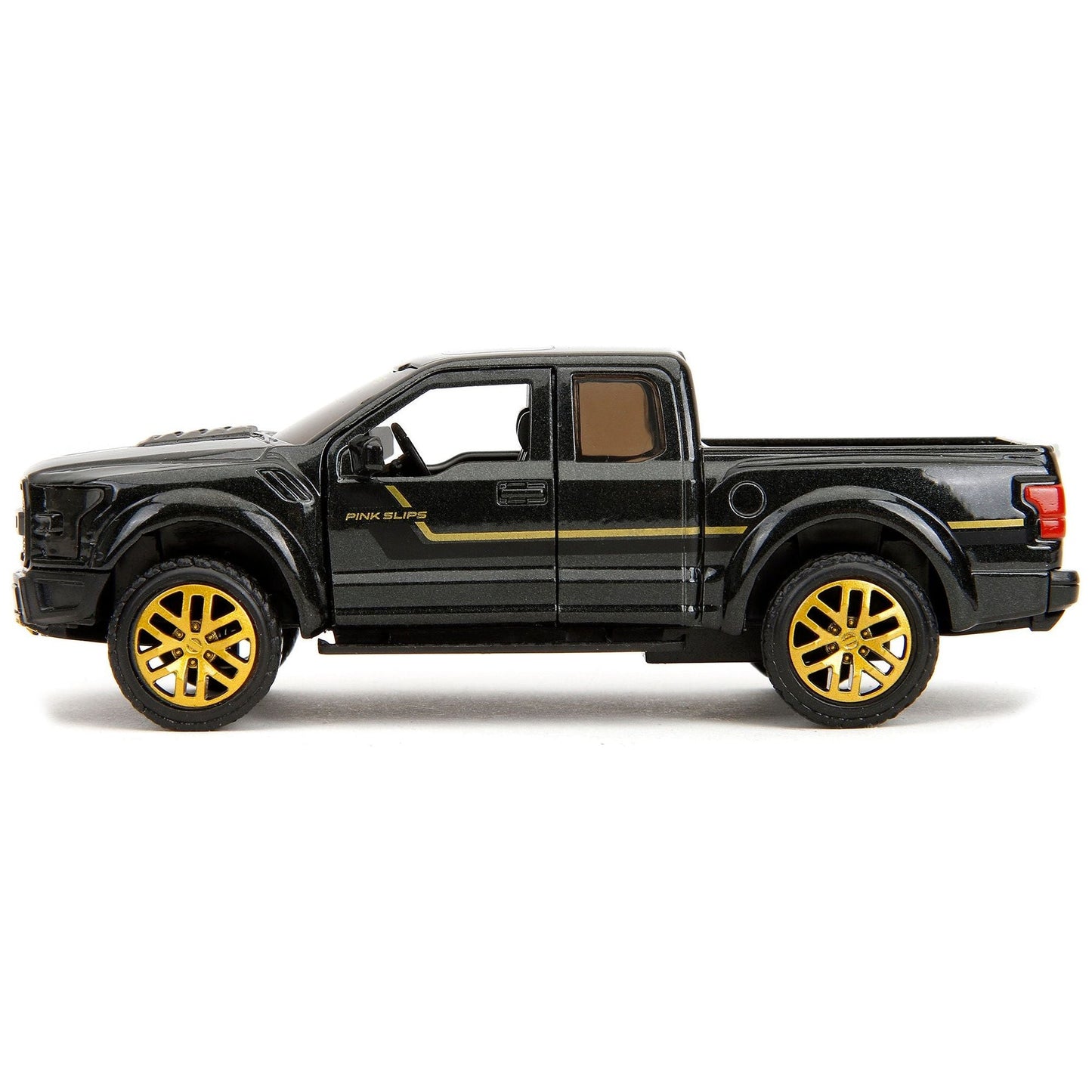 2017 Ford F-150 Raptor Pickup Truck Black Metallic with Gold Stripes "Pink Slips" Series 1/32 Diecast Model Car by Jada