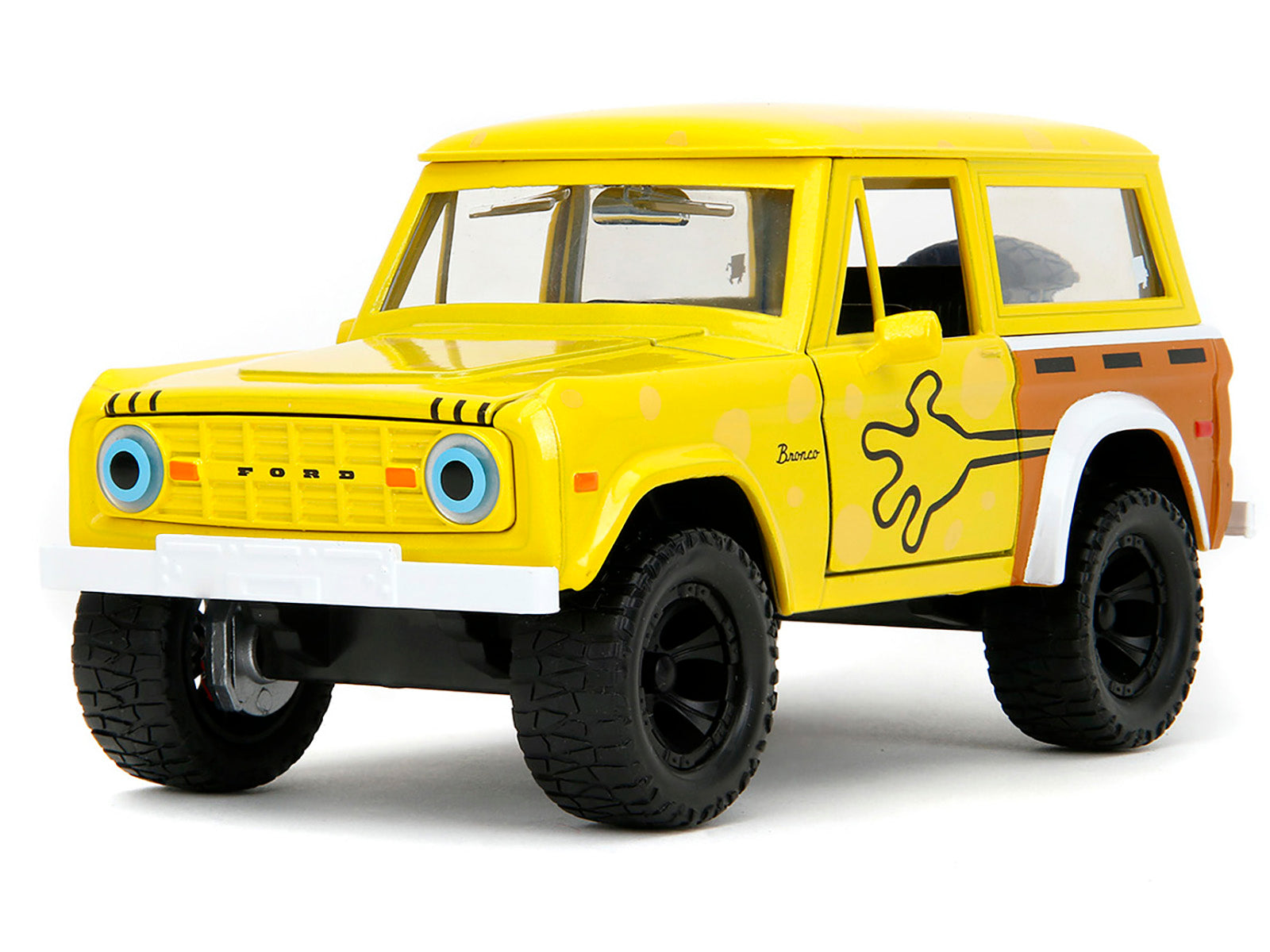 1973 Ford Bronco Yellow with Graphics and SpongeBob SquarePants Diecast Figure "SpongeBob SquarePants" (1999–Current) TV Series "Hollywood Rides" Series 1/24 Diecast Model Car by Jada