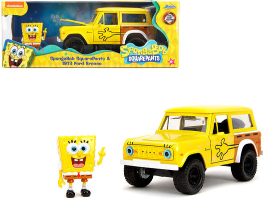 1973 Ford Bronco Yellow with Graphics and SpongeBob SquarePants Diecast Figure "SpongeBob SquarePants" (1999–Current) TV Series "Hollywood Rides" Series 1/24 Diecast Model Car by Jada