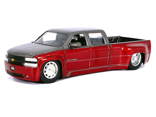 1999 Chevrolet Silverado Dually Pickup Truck Red Metallic and Gray with Stock Wheels "Just Trucks" Series 1/24 Diecast Model Car by Jada