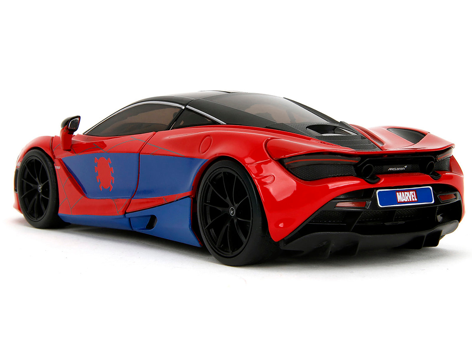 McLaren 720S Red and Blue with Black Top and Graphics and Spider-Man Diecast Figure "Marvel Spider-Man" "Hollywood Rides" Series 1/24 Diecast Model Car by Jada