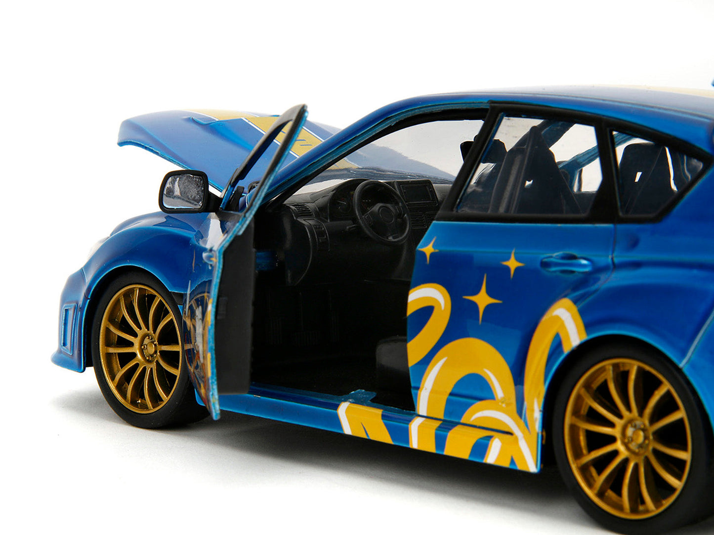 2012 Subaru Impreza WRX STI Blue Metallic with Graphics and Sonic The Hedgehog Diecast Figure "Sonic The Hedgehog" "Hollywood Rides" Series 1/24 Diecast Model Car by Jada