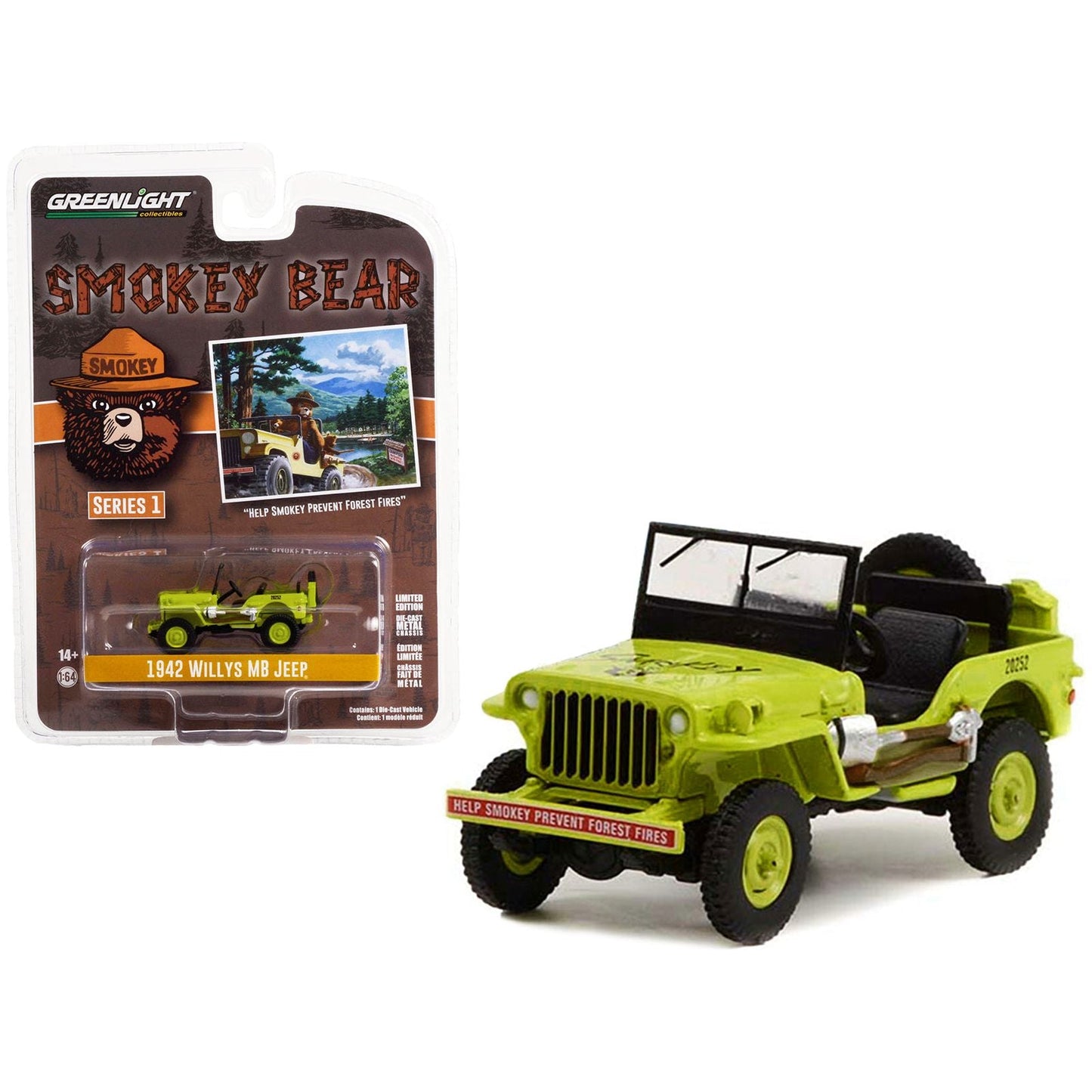 1942 Willys MB Jeep Bright Green "Help Smokey Prevent Forest Fires" "Smokey Bear" Series 1 1/64 Diecast Model Car by Greenlight