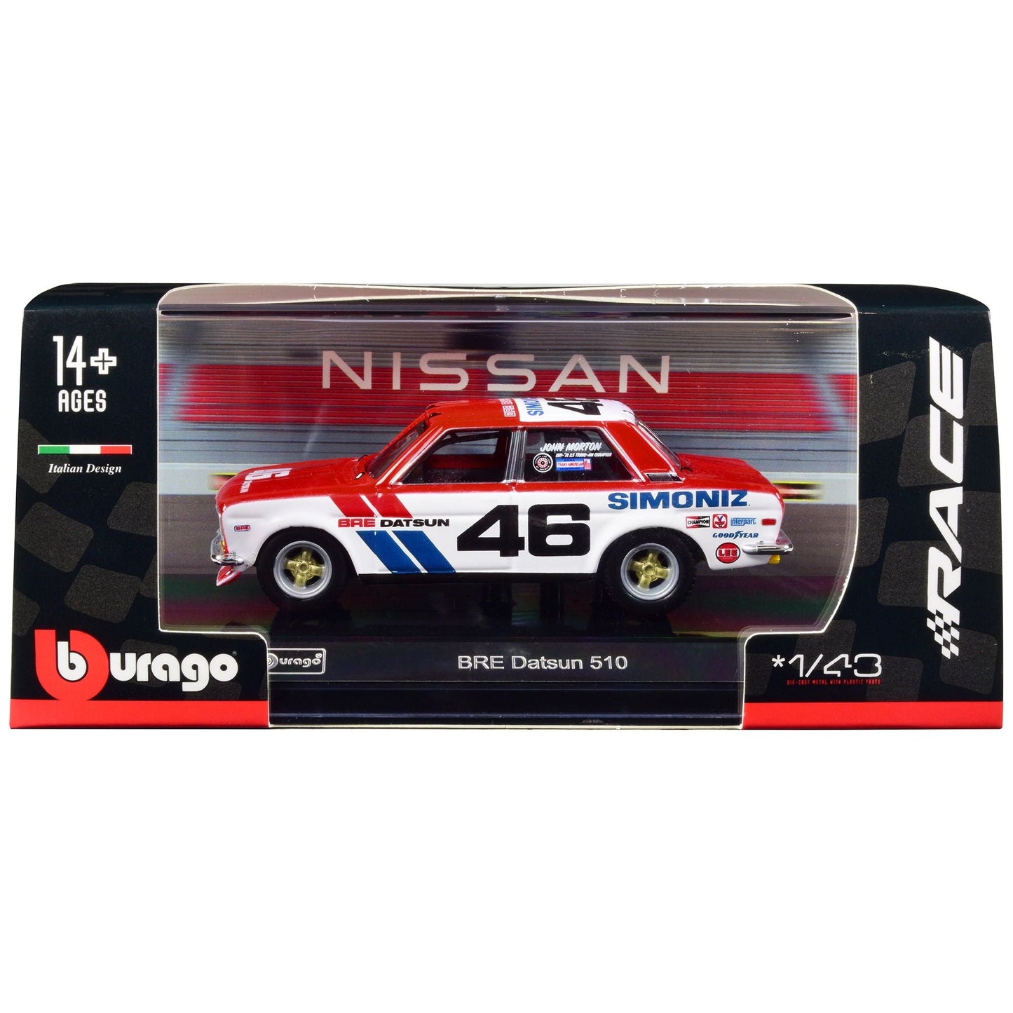 Datsun 510 #46 John Morton Red and White "BRE (Brock Racing Enterprises)" "Race" Series 1/43 Diecast Model Car by Bburago