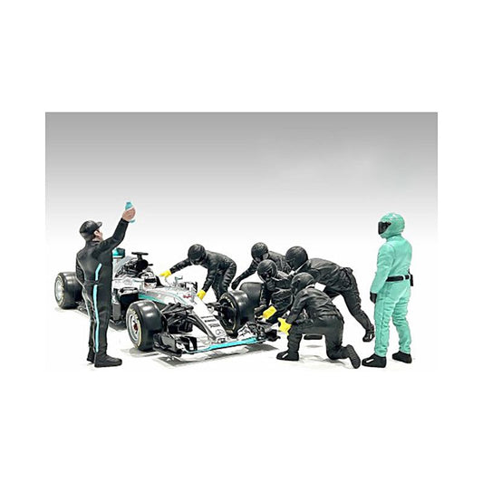 Formula One F1 Pit Crew 7 Figure Set Team Black Release III for 1/43 Scale Models by American Diorama