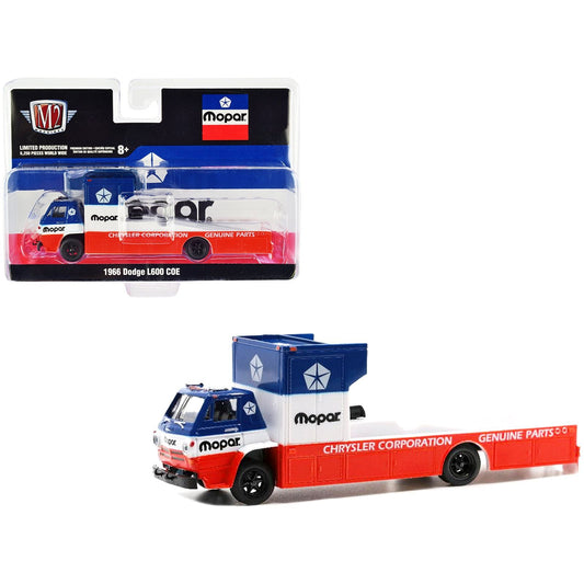 1966 Dodge L600 COE Ramp Truck Red and White with Blue Top "MOPAR" Limited Edition to 8250 pieces Worldwide 1/64 Diecast Model by M2 Machines